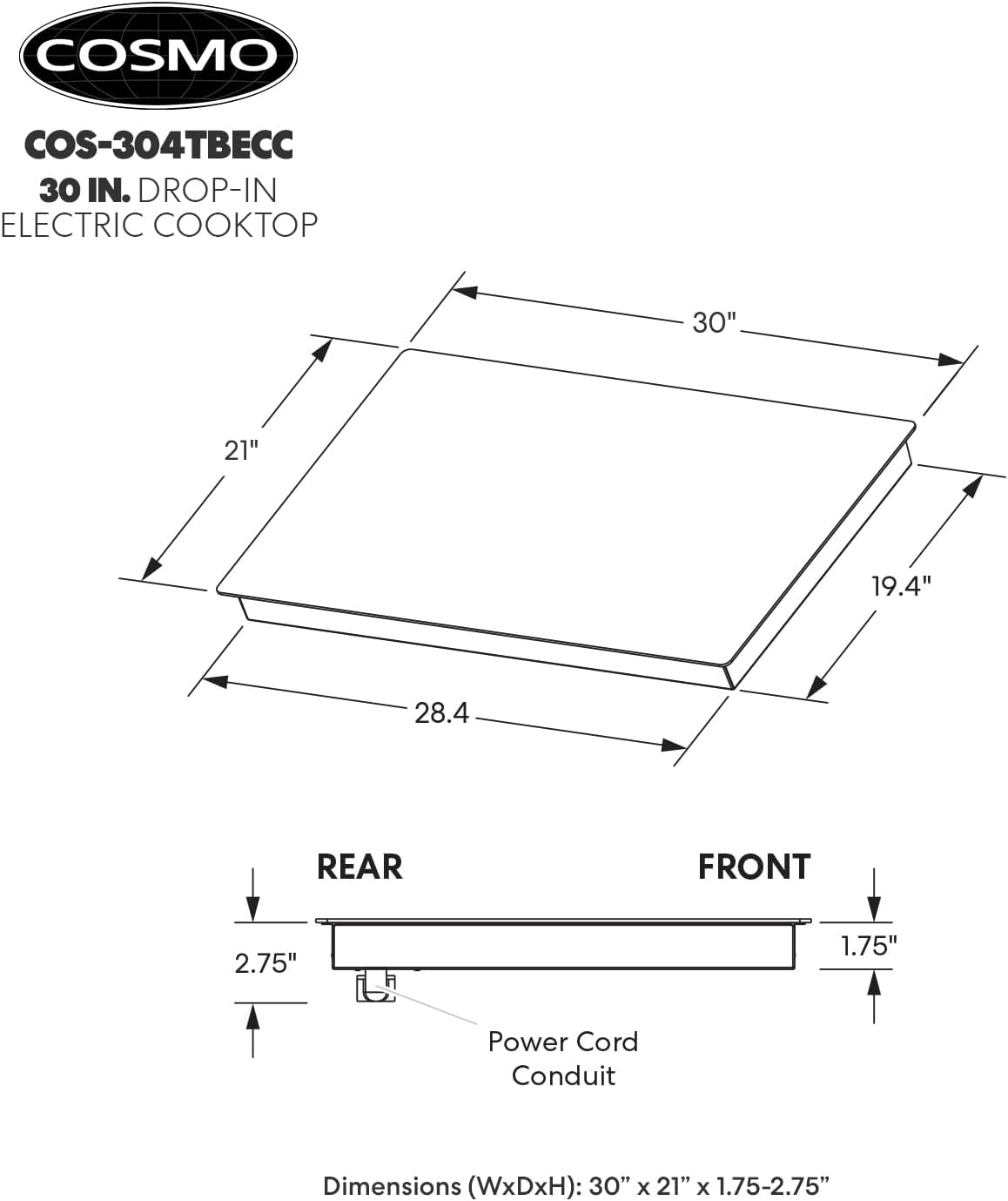 COSMO COS-304TBECC Electric Ceramic Glass Cooktop with 4 Burners, Dual Zone Element, Hot Surface Indicator Light and Touch Controls, 30 inch, Black