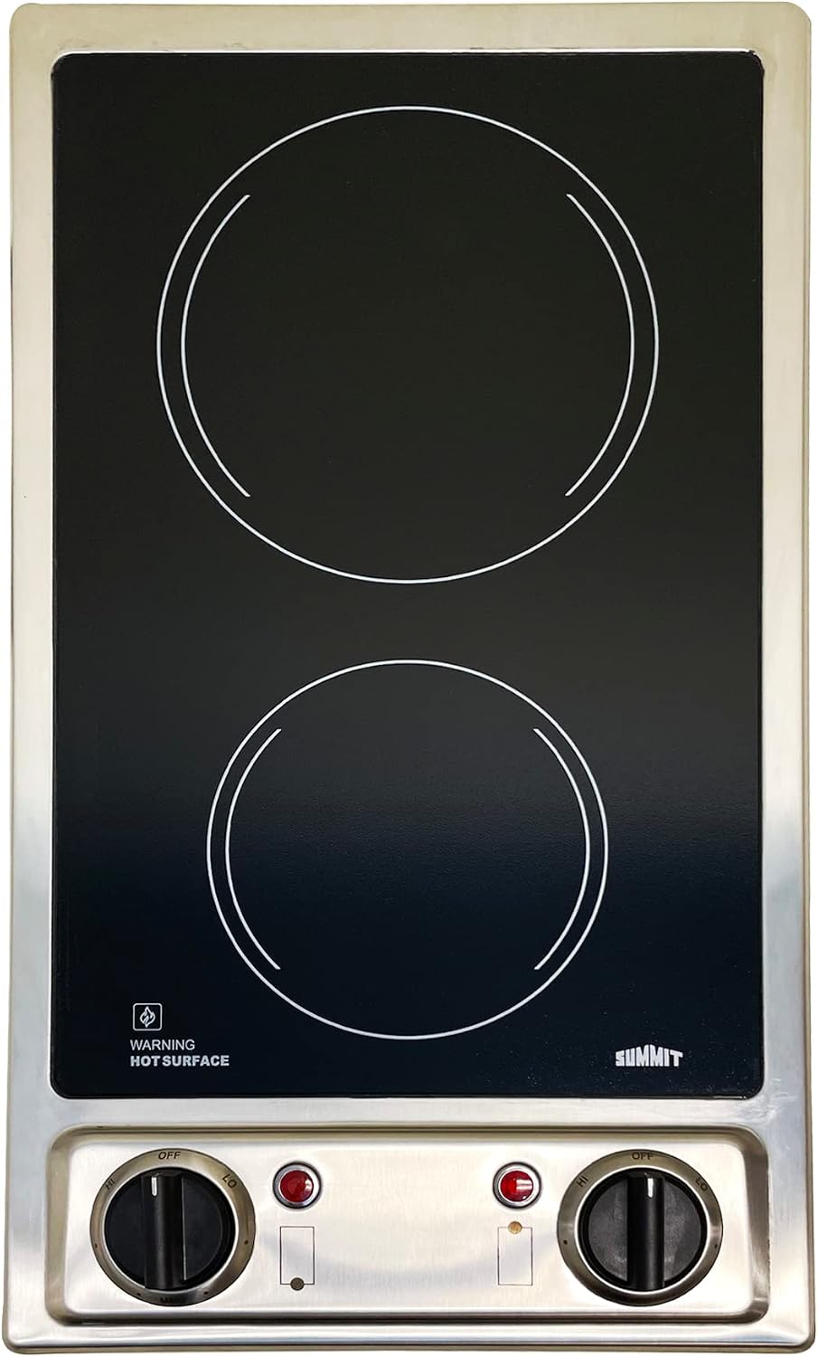 Summit CR2B120 12-inch Wide 115V 2-Burner Radiant Electric Cooktop, Jet Black Glass Easy to Clean, Two Burner Total 2400W, Push-to-Turn Knob Control, Indicator Light, Hot Warning, Easy Plug-In
