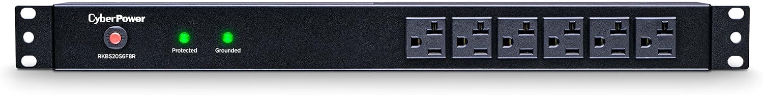 CyberPower RKBS20S6F8R Rackbar Surge Protector, 20A 120V, 14 NEMA 5-20R Outlets (6 Front, 8 Rear), 1U Rackmount, NEMA 5-20P Plug, 15 ft Cord, 1800J Surge Protection, EMI/RFI Filter, Metal Housing