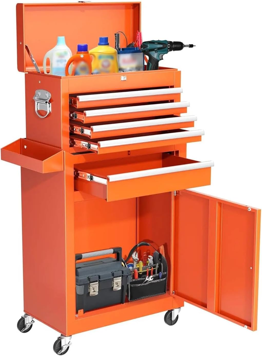 Multifunctional Portable Rolling Tool Chest with Detachable Top Box and Lockable Wheels | Heavy Duty Tool Cabinet with Drawer Liners, for Garage, Warehouse & Repair Shop for Garage(Orange)