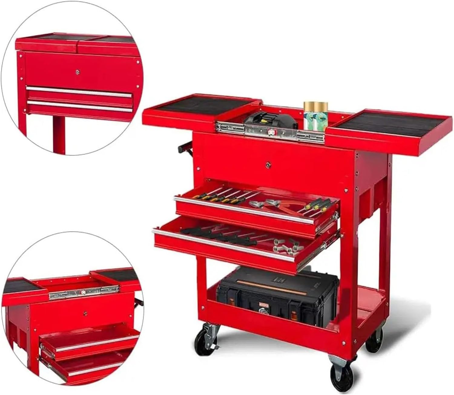 Toolbox Rolling Garage Workshop Tool Organizer with Directional Wheels, 2 Drawer Tool Chest Tray with Top Work Surface and Storage Push Cart Tool Box
