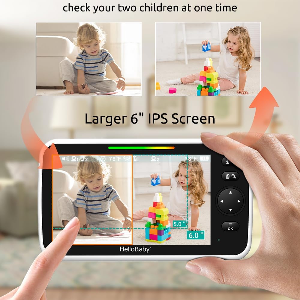 HelloBaby Baby Monitor with 2 Cameras, 6' World First Split Screen, No WiFi, 30H Battery, 355° Pan-Tilt-Zoom, Night Vision, VOX, 8 Lullabies, Temperature Alert, 1000ft Range, Portable for Travel