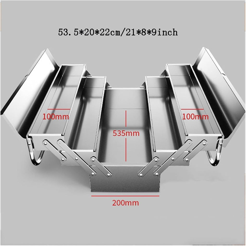 Multifunctional Portable Stainless Steel Tool Box with 3 Level Fold Out Organizer Storage - Heavy Duty Metal Frame with Smooth Metal Cantilever latchets- Hand Carry for Garage