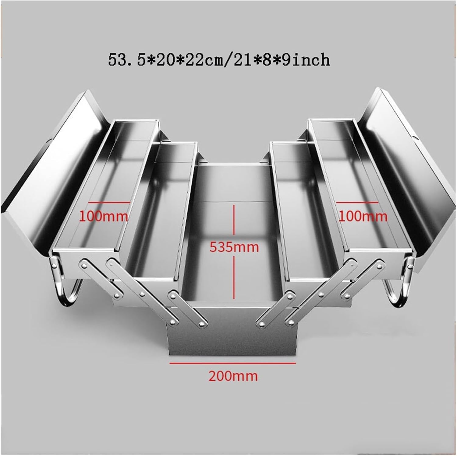 Toolbox Portable Stainless Steel Tool Box with 3 Level Fold Out Organizer Storage - Heavy Duty Metal Frame with Smooth Metal Cantilever latchets- Hand Carry Tool Box