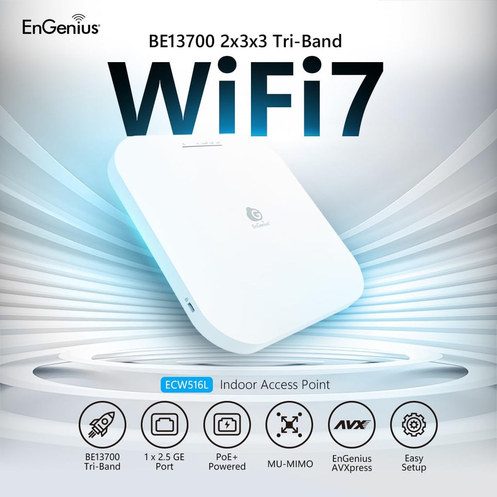 EnGenius ECW516L Wi-Fi 7 Cloud Lite Tri-Band Access Point - Cloud Managed 13.7Gbps Speed, 2x3x3 MIMO, 320MHz Channels, MLO Technology, 2.5GbE PoE+, 1200 Sq Ft Coverage - Power Adapter NOT Included