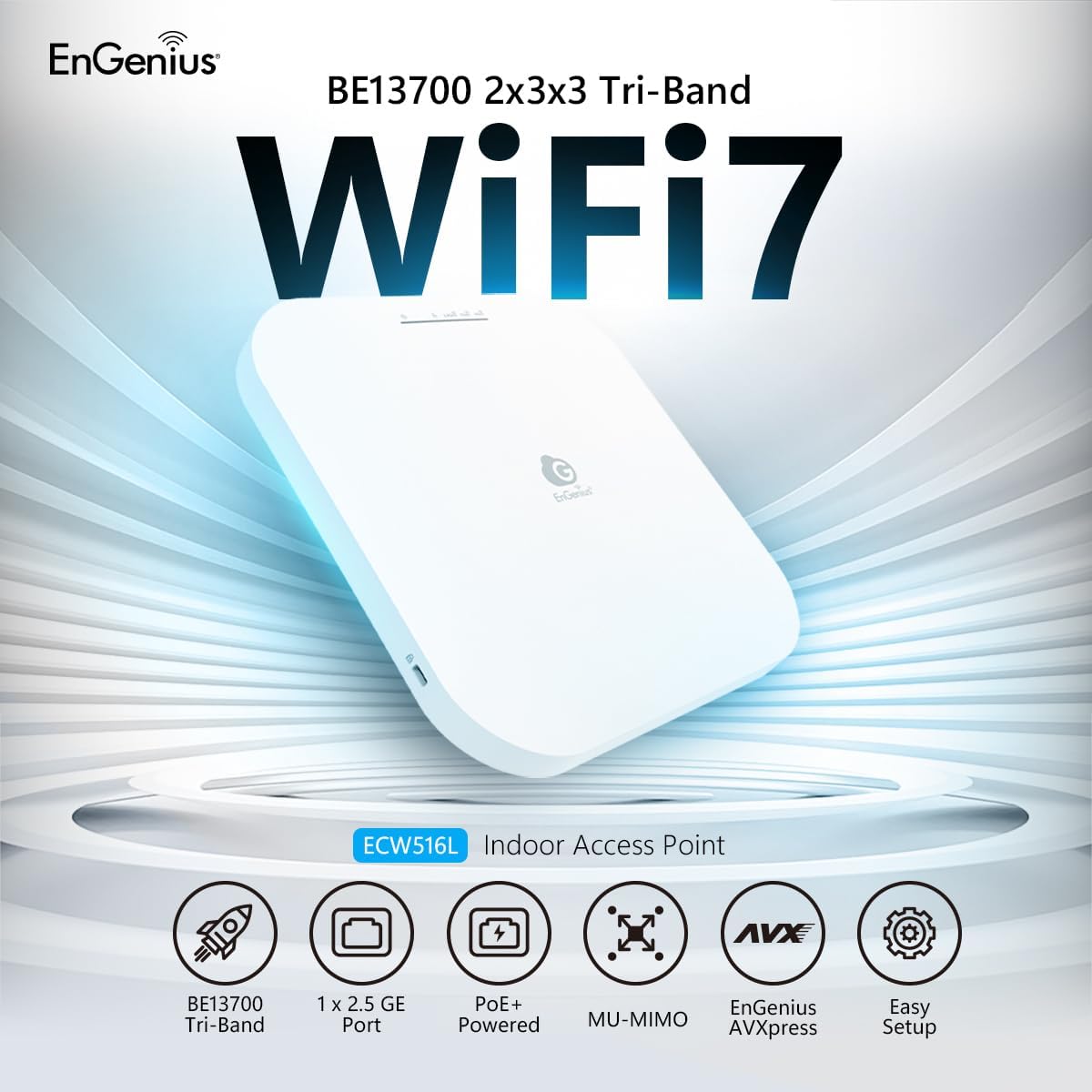 EnGenius ECW516L Wi-Fi 7 Cloud Lite Tri-Band Access Point - Cloud Managed 13.7Gbps Speed, 2x3x3 MIMO, 320MHz Channels, MLO Technology, 2.5GbE PoE+, 1200 Sq Ft Coverage - Power Adapter NOT Included