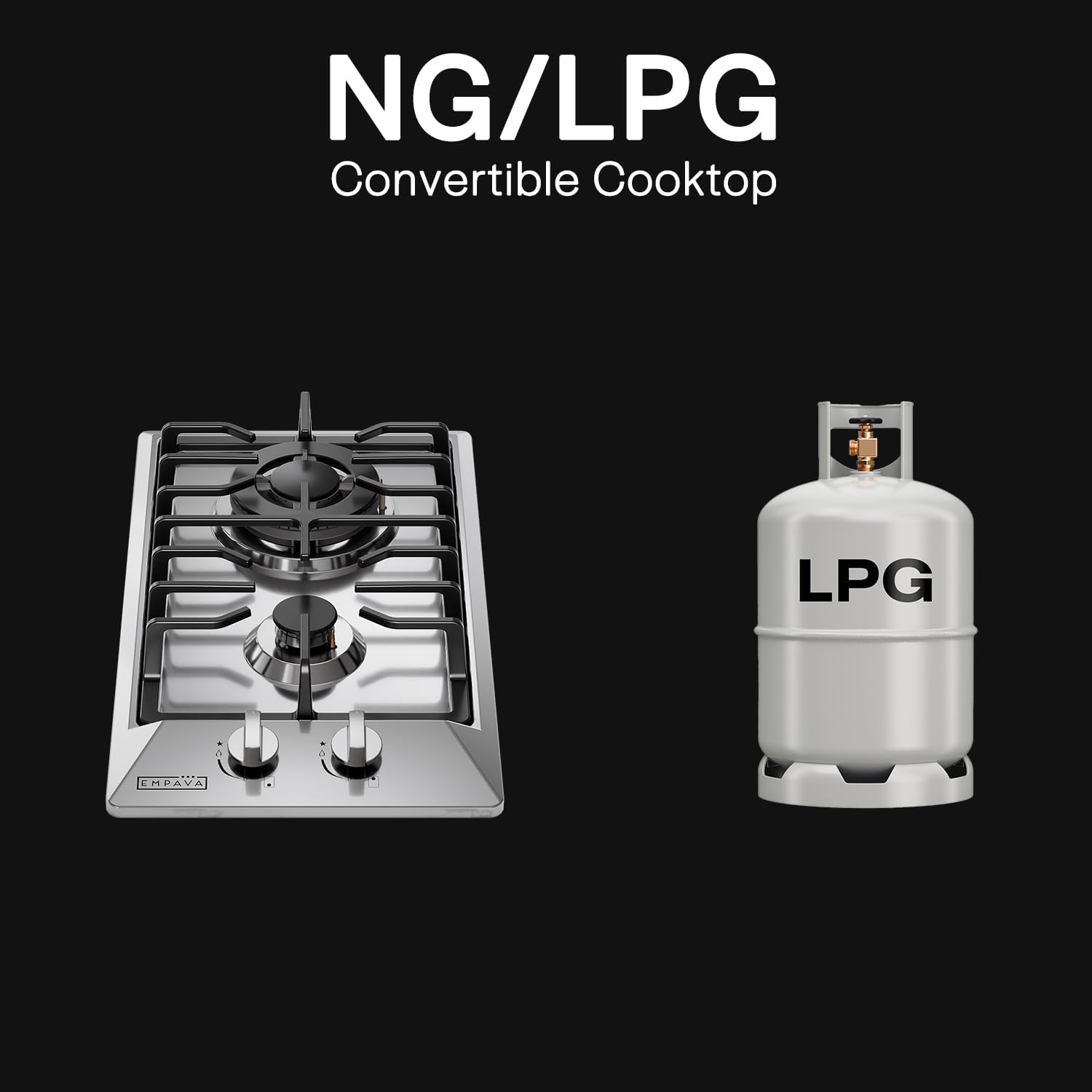 Empava 12' Gas Cooktop, Rv Stove Top, 2 Burner Italy SABAF Sealed, Cooktops, NG/LPG Convertible in Stainless Steel
