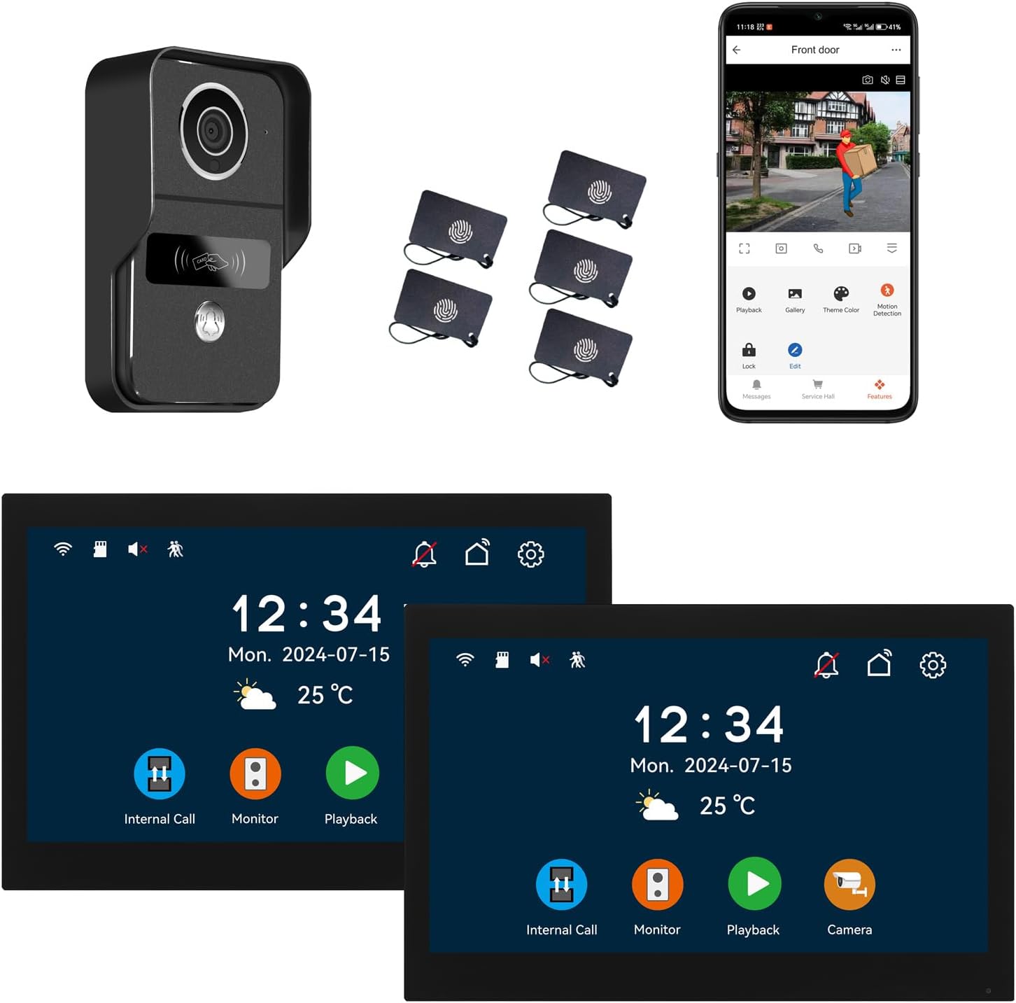 2pin-Wired 2MP HD Indoor 10' WiFi Monitor Smart Home Video Doorbell Intercom System, Remote APP Phone Unlock Video Record Motion Detect 2-Way Talk IR Camera Door Bell 1x doorbell + 2X 10in Monitor