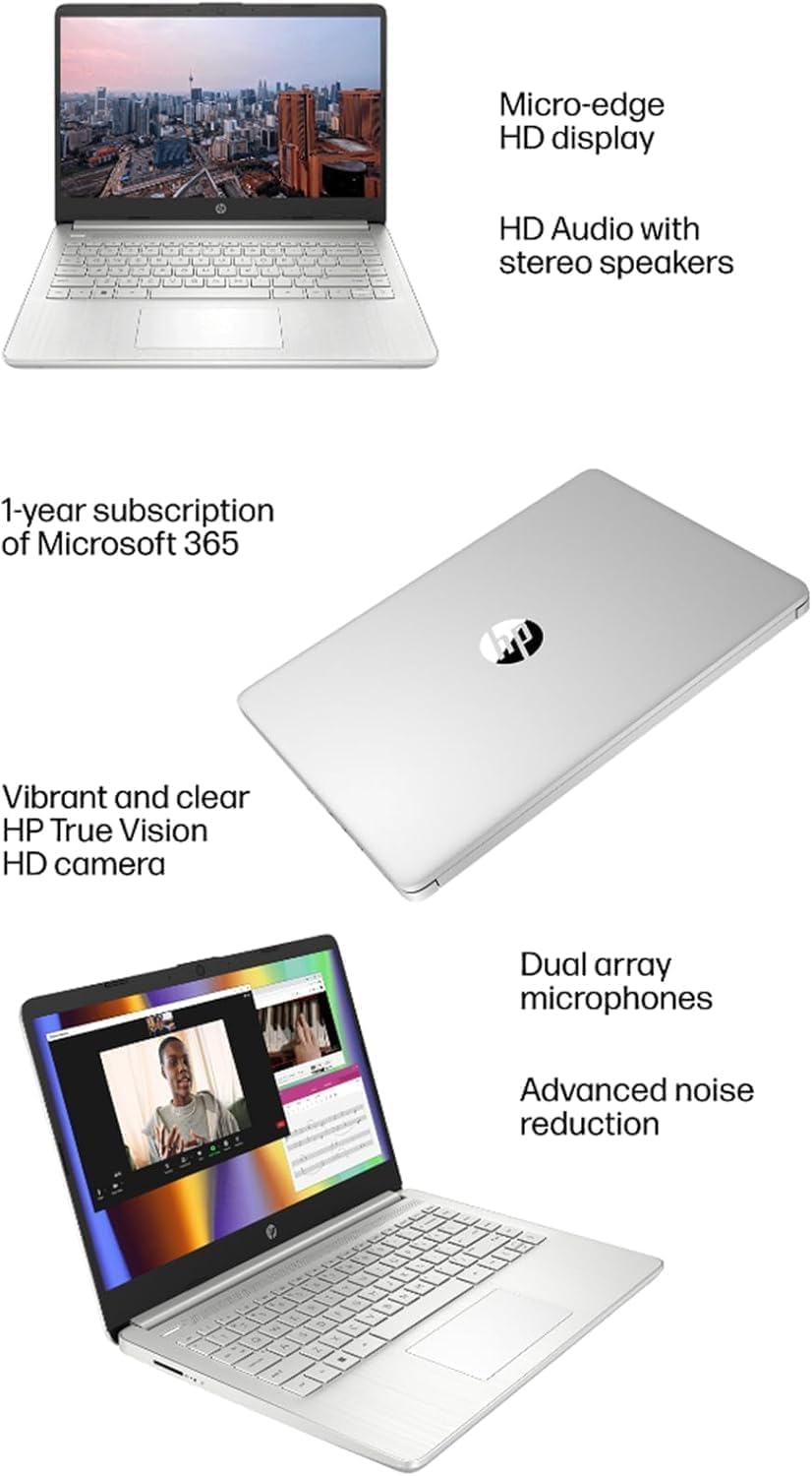 HP 14 Laptop (14' HD, Intel Celeron N4120, 4GB RAM, 256GB Storage (128GB eMMC + 128GB SD Card)) School & Business, 11-Hour Battery Life, 1-Year Office 365, Win 11 Home S w/AI Copilot, Silver