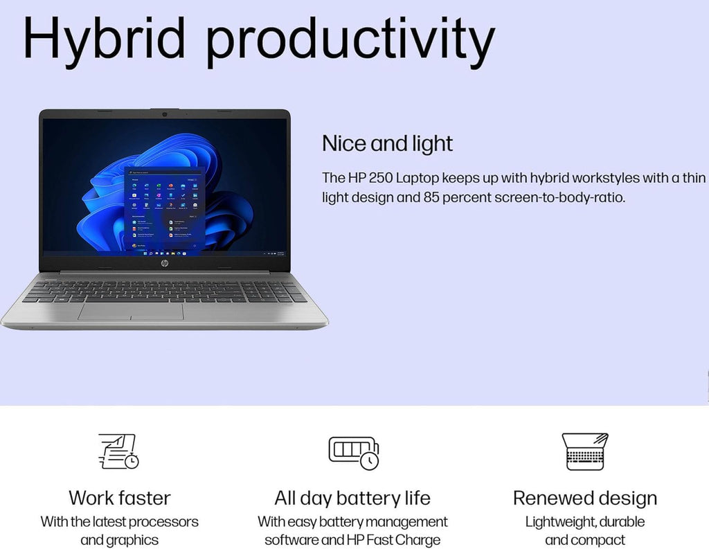 HP 250 G9 Laptop, 15.6' FHD Screen, Intel Celeron Dual Core Processor Series, 8GB RAM, 256GB SSD, Windows 11 Pro, Anti-Glare Coating, HD Camera with Temporal Noise Reduction