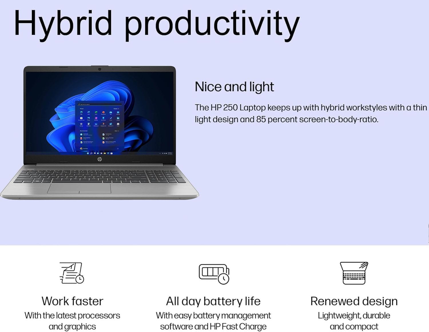 HP 250 G9 Laptop, 15.6' FHD Screen, Intel Celeron Dual Core Processor Series, 8GB RAM, 256GB SSD, Windows 11 Pro, Anti-Glare Coating, HD Camera with Temporal Noise Reduction