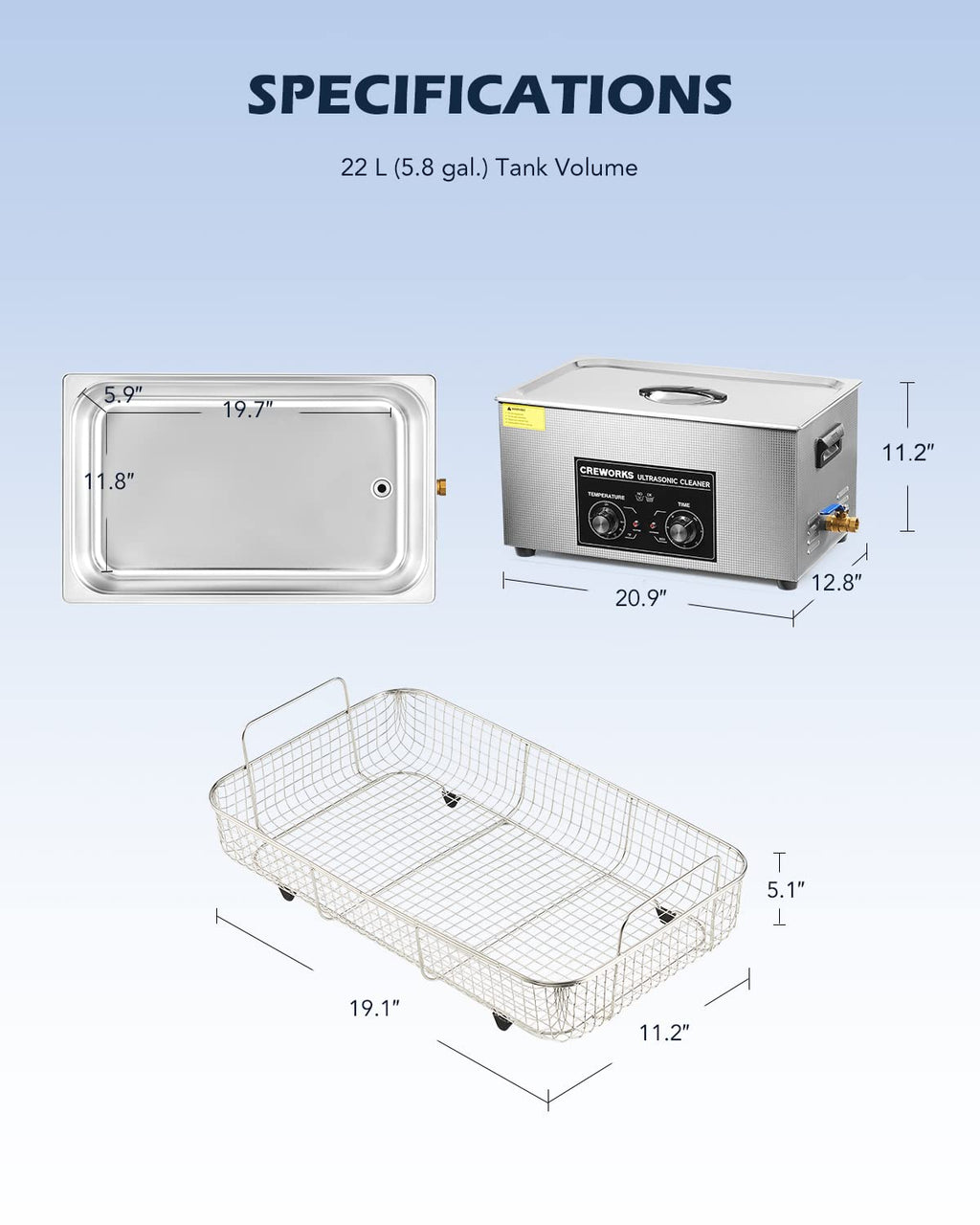 CREWORKS Ultrasonic Cleaner with Heater and Timer, 480W 22L Professional Ultrasonic Cleaning Machine, 5.8 gal Stainless Steel Cleaner with Knobs for Tool Jewelry Watch Glasses and More