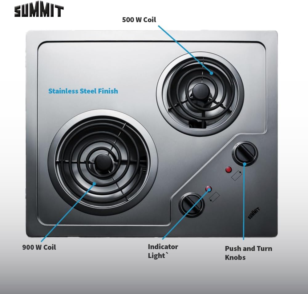Summit 21' 2 Burner Electric Cooktop. 115 Volt Coil Electric Cooktop, ADA compliant, Stainless Steel- CR2B122