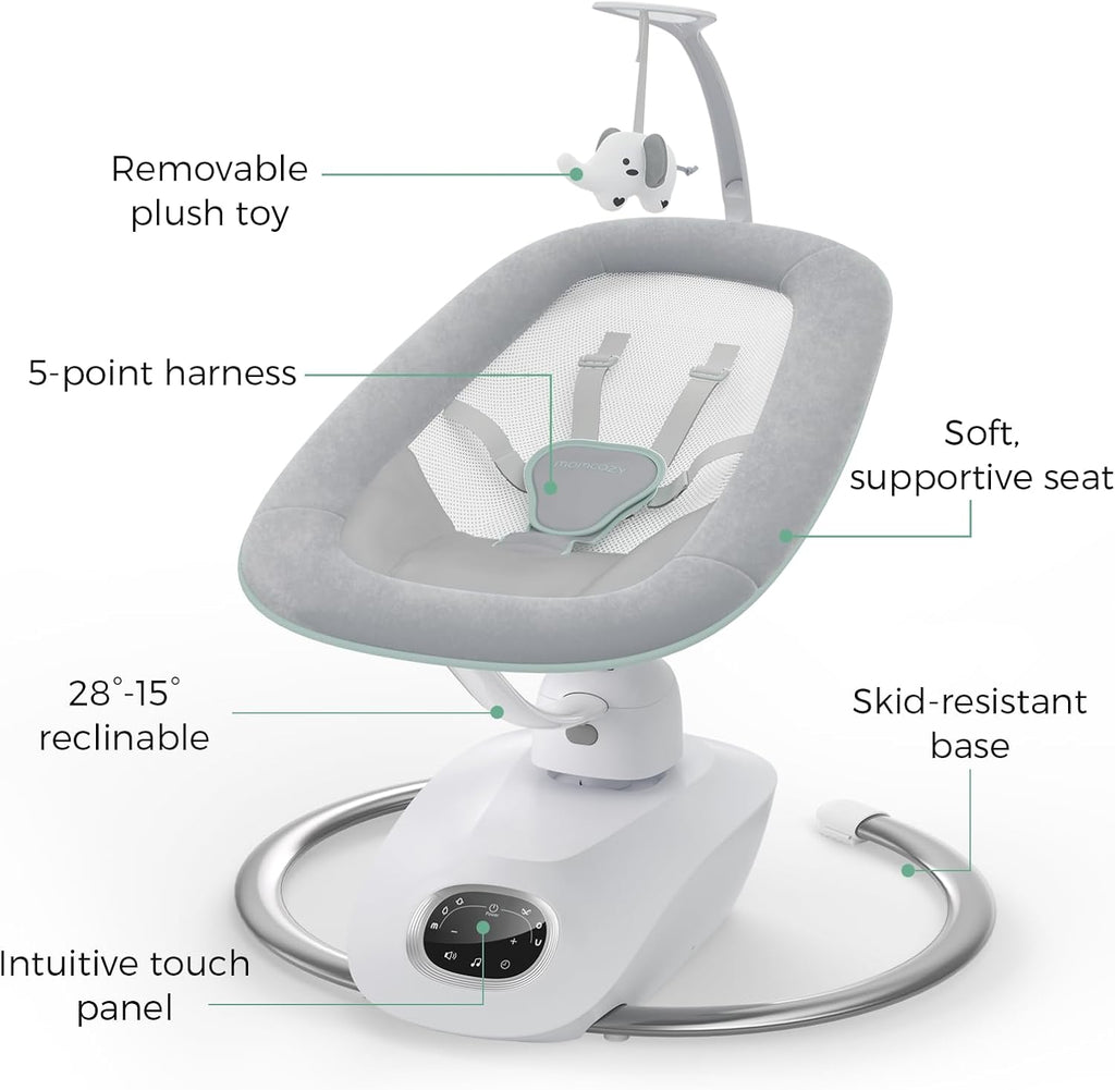 Momcozy CocoSway Electric Baby Swing for Infant, 180° Rotating Seat, 6 Parent-Like Sway Motions & 4 Speeds, Remote Control, Machine-Washable Cover, Grey