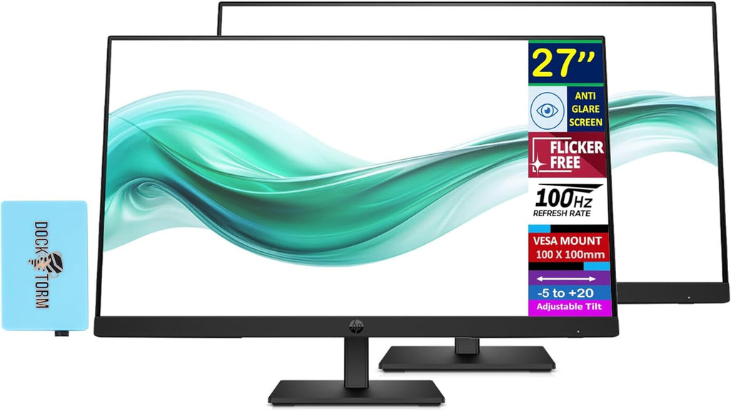 HP Series 3 Pro 27' FHD IPS Monitor with 5ms Response Time, Anti Glare, Flicker Free, VESA Mount (100 x 100 mm), Displayport, HDMI & Dockztorm USB Port Expander, Black Color 2 Pack