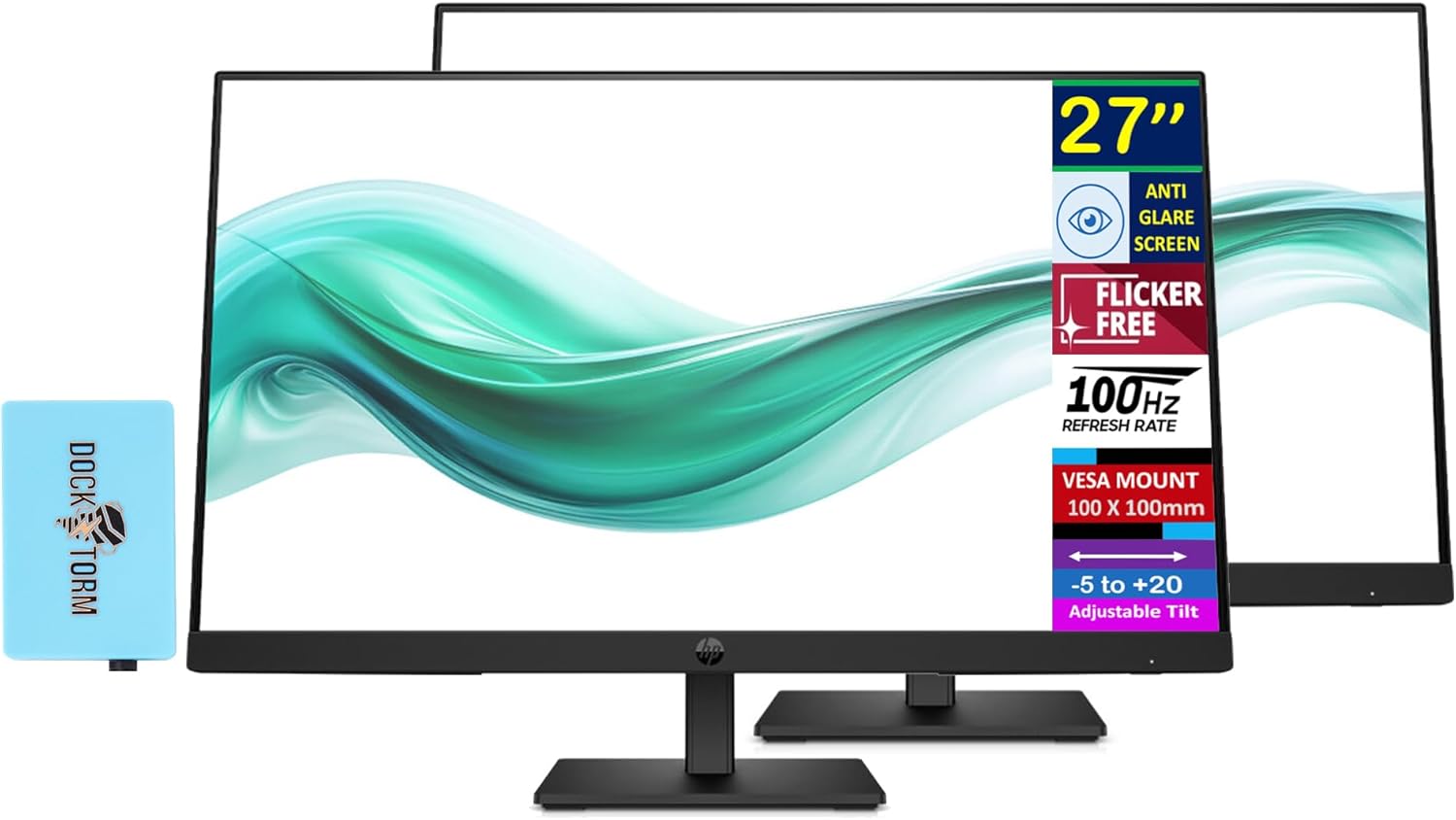 HP Series 3 Pro 27' FHD IPS Monitor with 5ms Response Time, Anti Glare, Flicker Free, VESA Mount (100 x 100 mm), Displayport, HDMI & Dockztorm USB Port Expander, Black Color 2 Pack