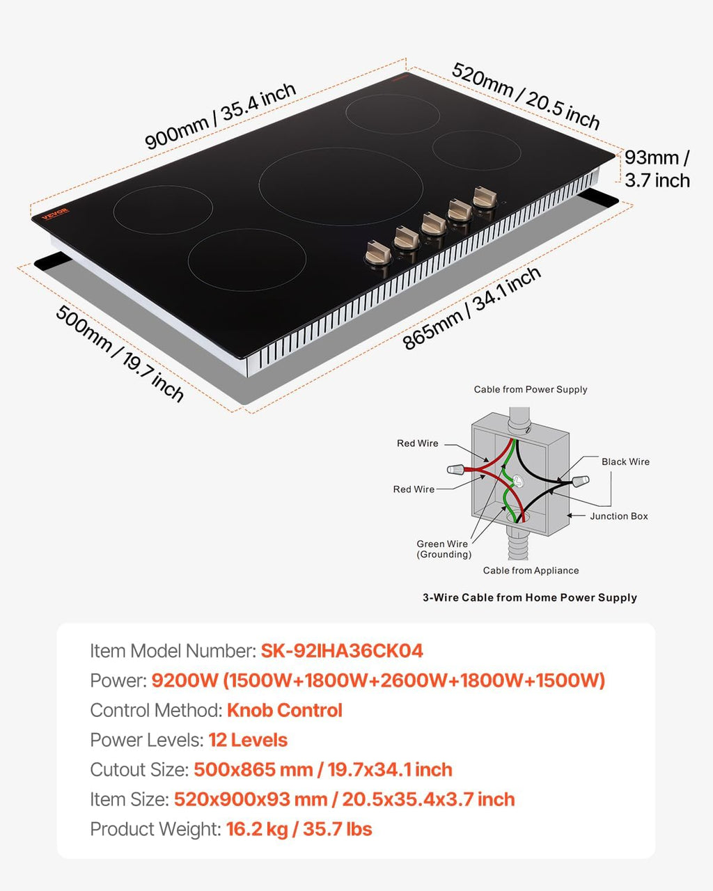 VEVOR SK-92IHA36CK04 9200W Electric Countertop Burner Knob Control Stove, Built-in Induction Cooktop with 12 Temperature Settings, Glass Surface, Auto Shut-Off, 36in 5 Burners/220V, Black