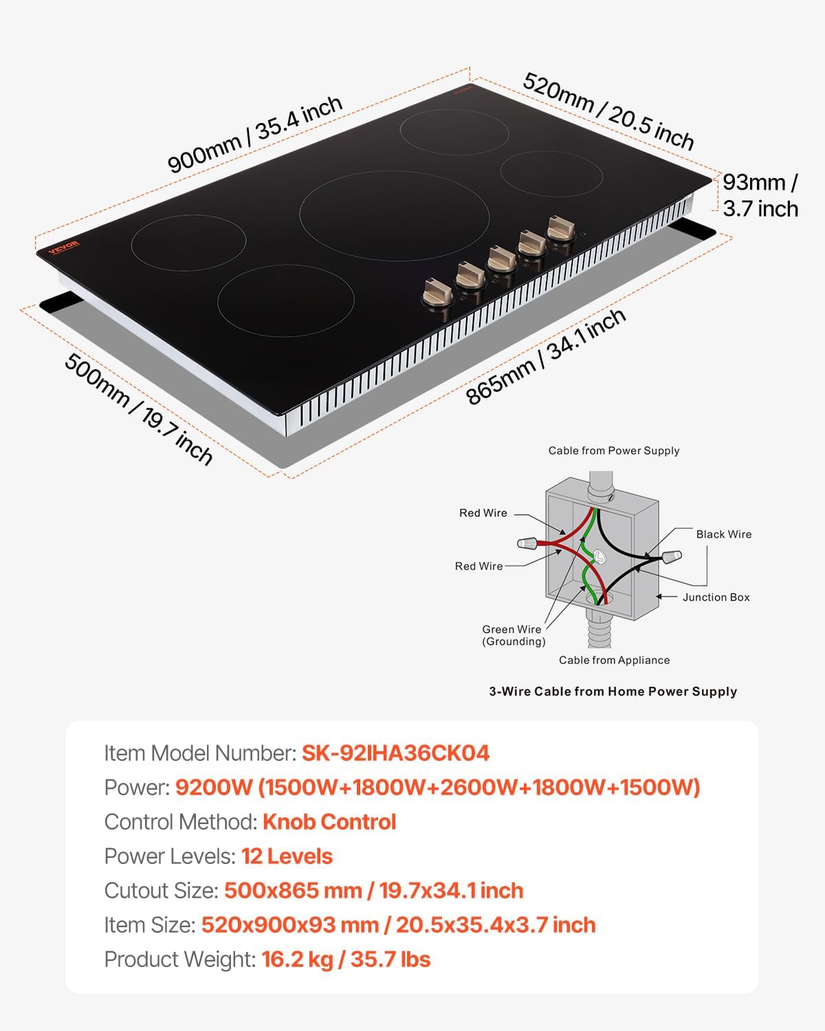 VEVOR SK-92IHA36CK04 9200W Electric Countertop Burner Knob Control Stove, Built-in Induction Cooktop with 12 Temperature Settings, Glass Surface, Auto Shut-Off, 36in 5 Burners/220V, Black