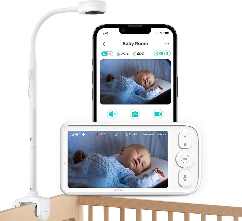 Baby Monitor with Camera and Audio, 5'' Screen & App, 2.4GHz WiFi Secure Link, Sleep Tracking, Cry Detection, Night Vision, Temp & Humidity Monitor, 2-Way Talk, 5GB Cloud Storage, 4-in-1 Mount