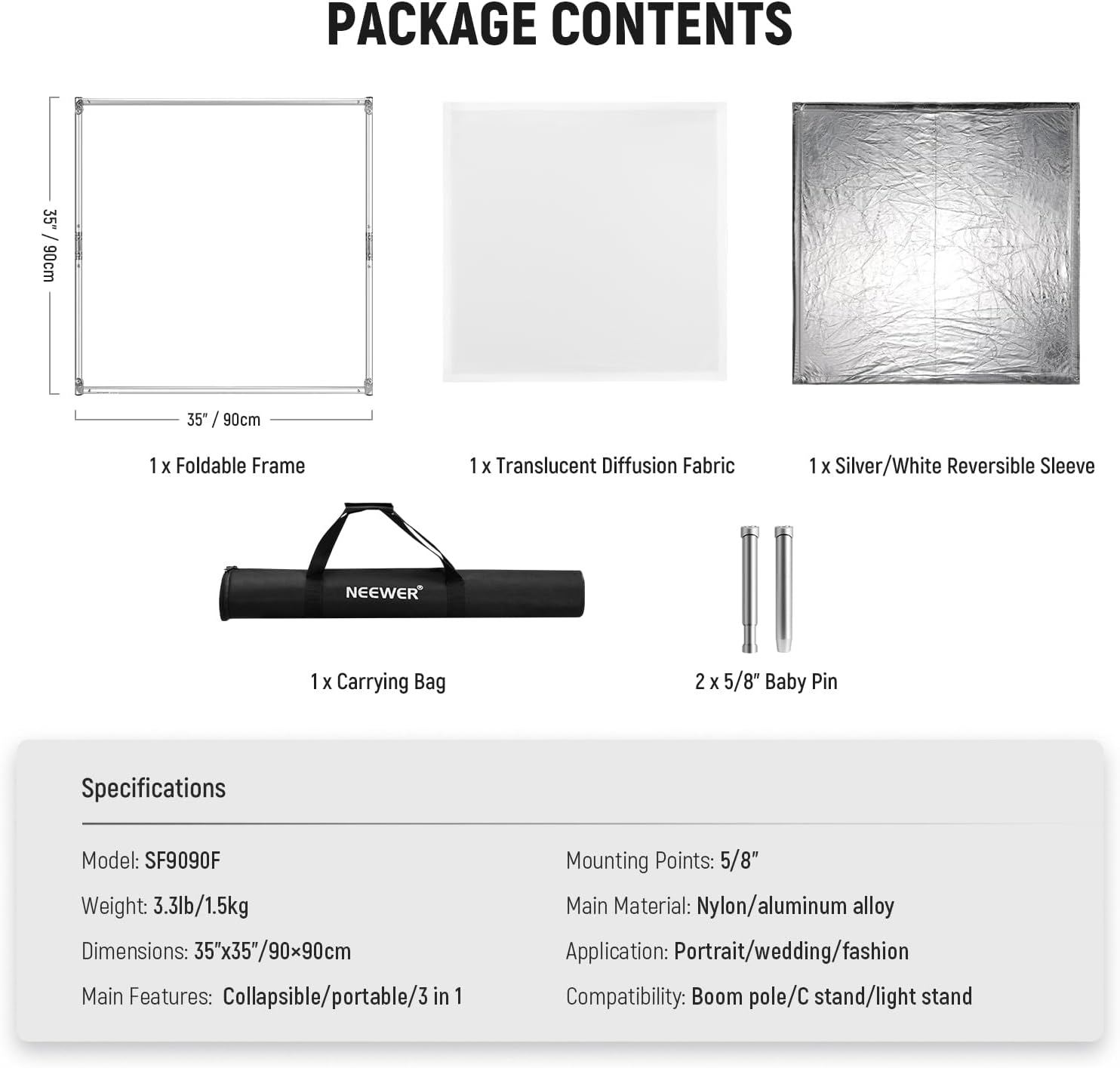 NEEWER Light Diffusion Panel Scrim Kit with Silver/White Reflector Film 35'x35' Foldable Frame with 5/8' Baby Pins Handle for C Stand 3 in 1 Diffuser for Studio Portrait Product Photography, SF9090F