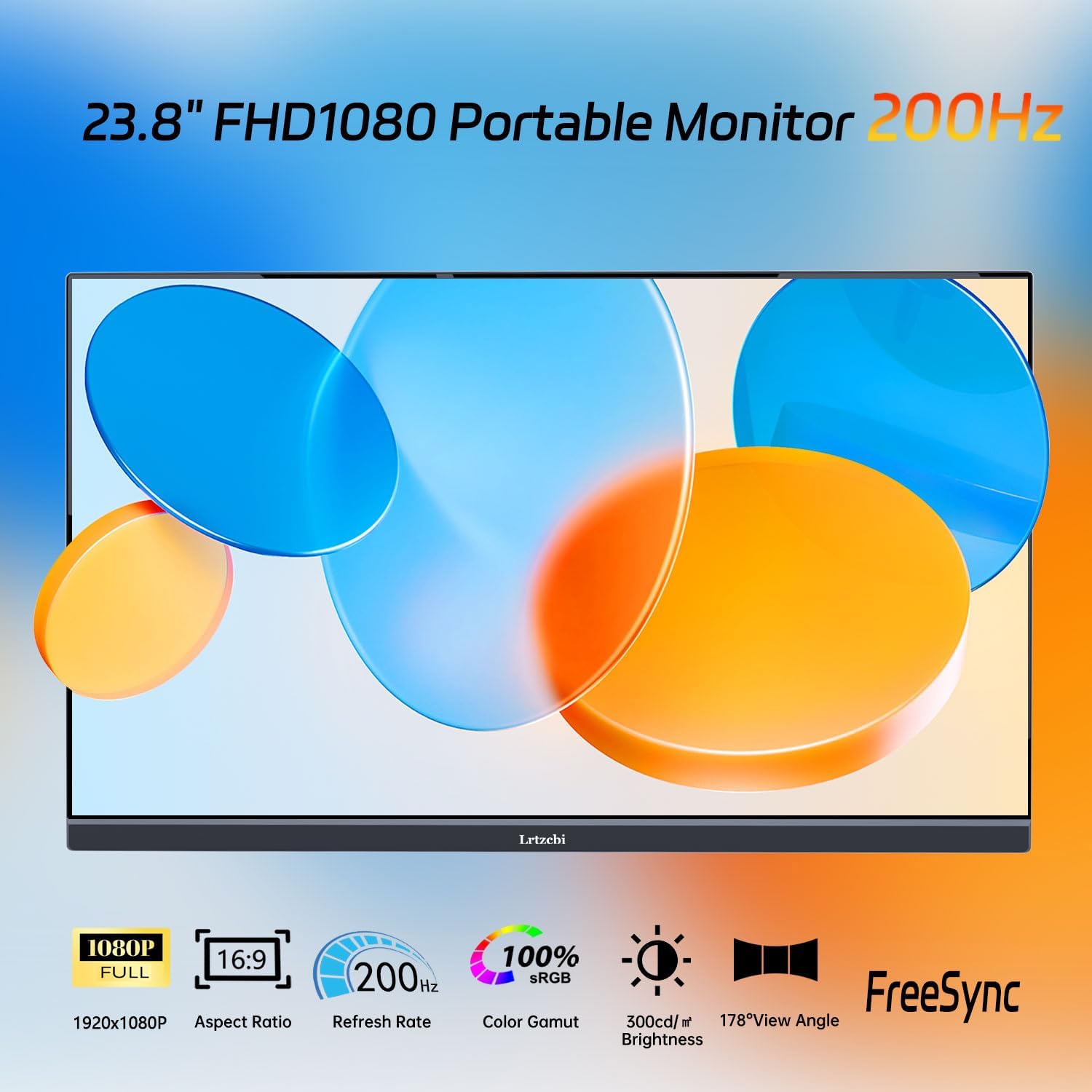 23.8' Large Portable Monitor 200Hz FHD 1080P IPS Freesync External Computer Display with USB C HDMI, Built in Speakers and Stand Portable Gaming Monitor for Laptop Phone PC Mac PS4 Xbox