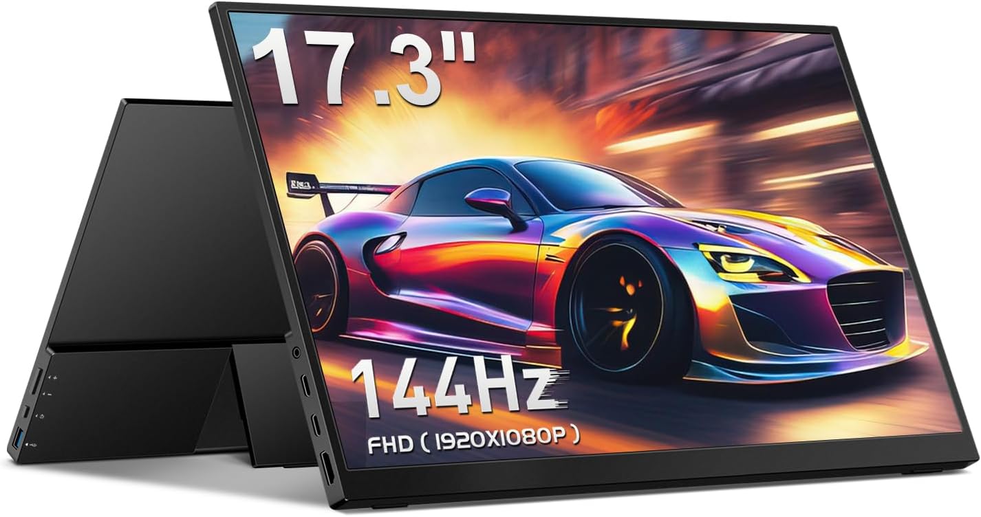 CAPERAVE Portable Monitor 17.3' 144Hz, FHD 100% sRGB HDR Portable Gaming Monitor, Travel Monitor with Kickstand & Speakers, USB-C HDMI External Screen for Laptop Mac Xbox Switch PS5/4
