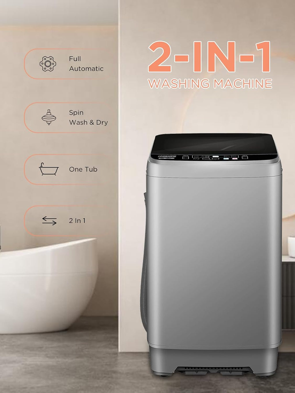 F.W.WOOLWORTHS 25 lbs Washing Machines with 10 Program 8 Water Level, Full Automatic Washer with Drain Pump & LED Display for Home, Apartment, Dorm, Grey