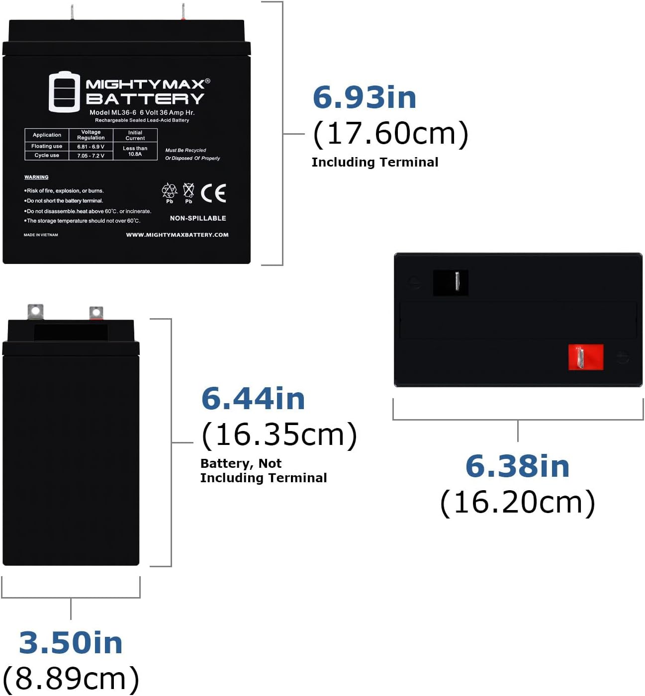 Mighty Max Battery ML36-6NB - 6 Volt 36 AH, NB Terminal, Rechargeable SLA AGM Battery - 10 Pack
