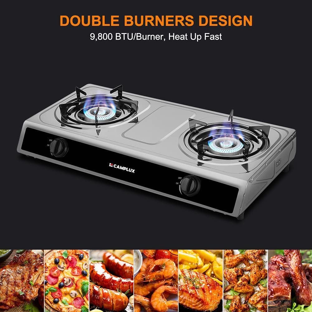 CAMPLUX 2 Burner Propane Camping Gas Stove for Outdoor Cooking, 19,600 BTU Portable Double Burner Propane Cooktop Stainless Steel with Auto Ignition, Estufa de Gas Portatil, for Patio, Camping, BBQ