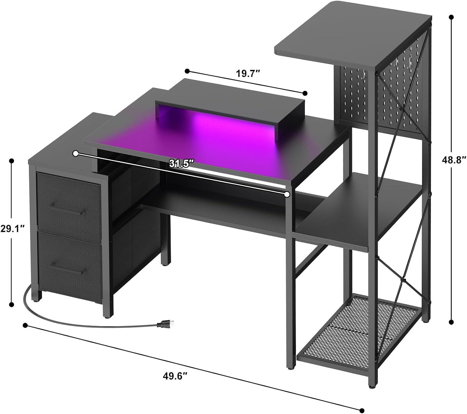 Small Gaming Desk with 2 Fabric Drawers - Reversible Computer Desk with Power Outlet & LED Lights, 49' Office Desk with Monitor Stand & Storage Shelves, Writing Study Table with Pegboard, Black