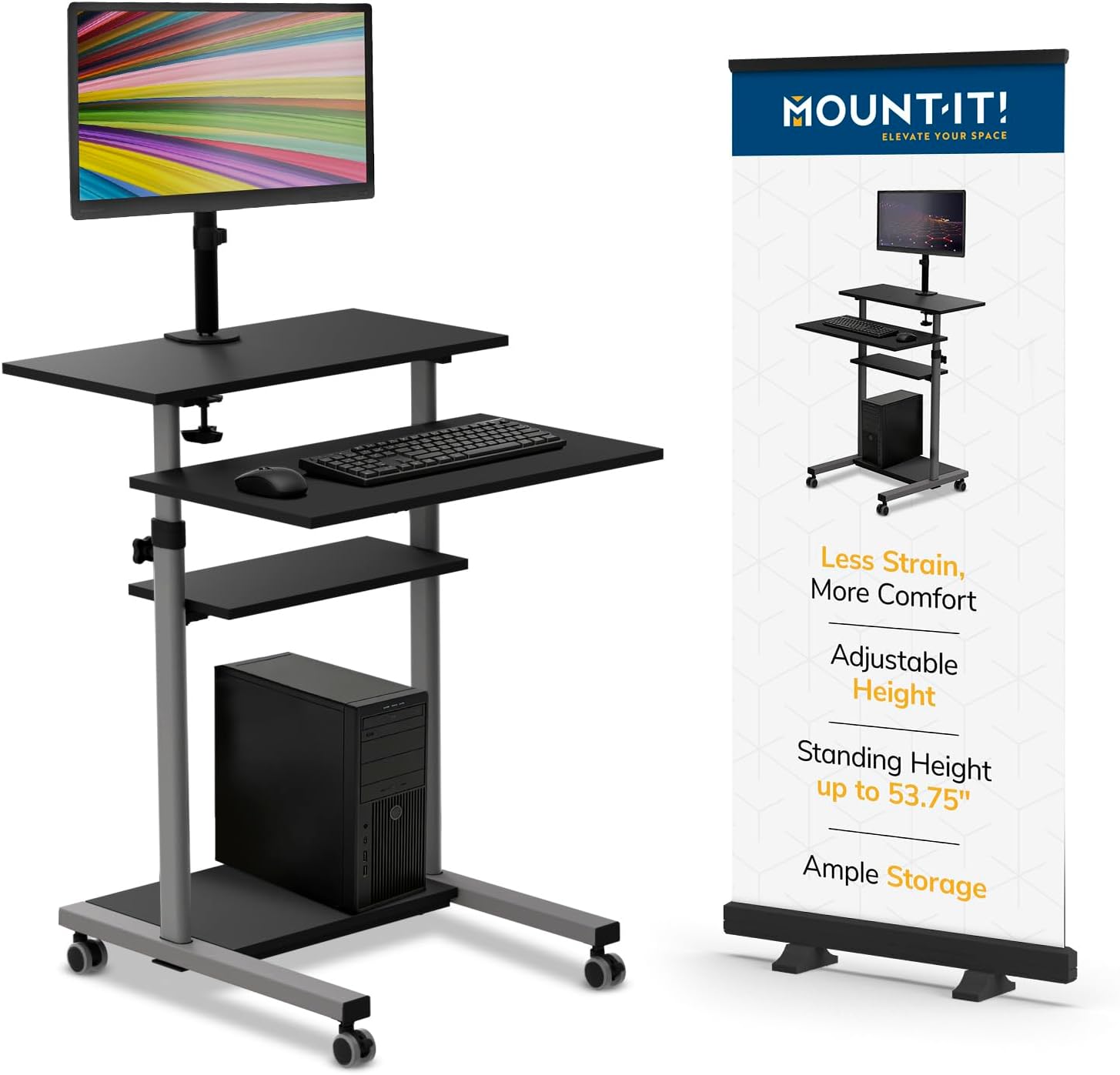 Mount-It! Mobile Computer Cart with Monitor Mount for Screen up to 32', Portable Desk on Wheels, Rolling Laptop Stand Teachers, Office, Classroom, Rise up to 53', Projector, Podium, Keyboard Tray