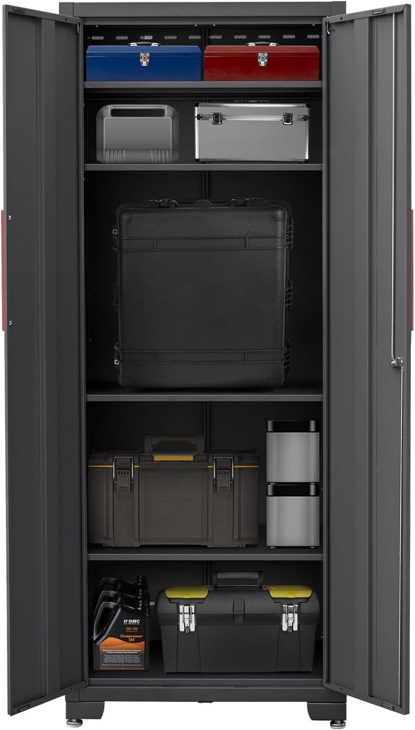 Metal Garage Storage Cabinet with 4 Adjustable Shelves and Locking Doors 75-inch Tall Tool Organizer Steel Lockers for Home, Office, Warehouse, Garage, Red (Assembly Required)