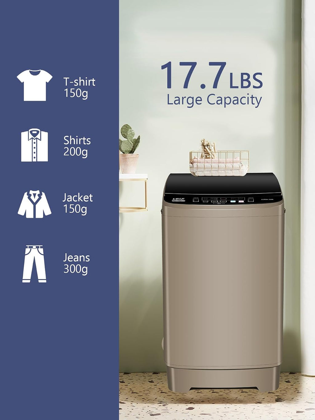 Krib Bling 17.7 lbs Full-Automatic Washing Machine with Drain Pump, Compact Washer, 10 Wash Program & 8 Water Level, Ideal for Apartment, Dorm, RV Gold