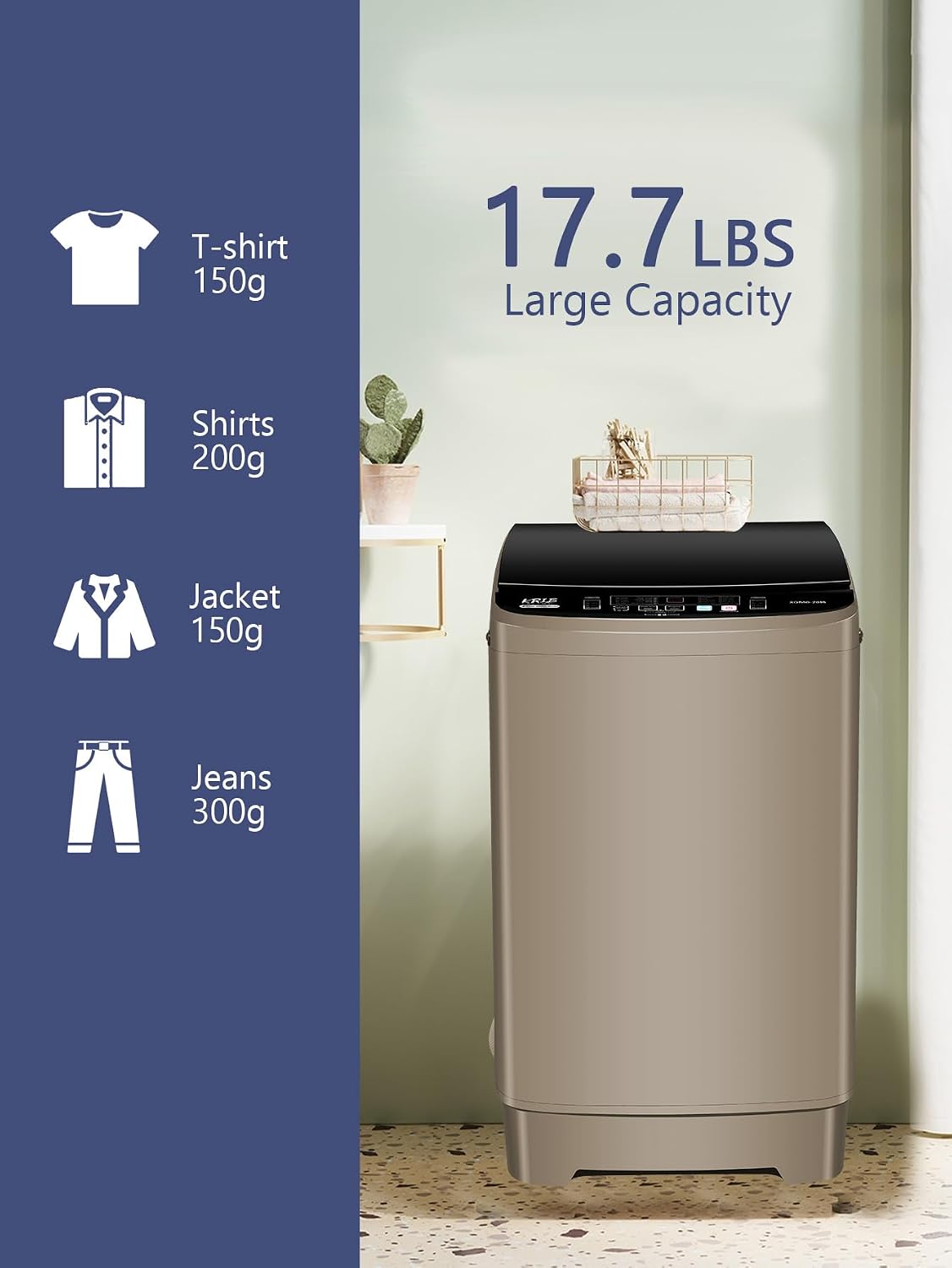 Krib Bling 17.7 lbs Full-Automatic Washing Machine with Drain Pump, Compact Washer, 10 Wash Program & 8 Water Level, Ideal for Apartment, Dorm, RV Gold