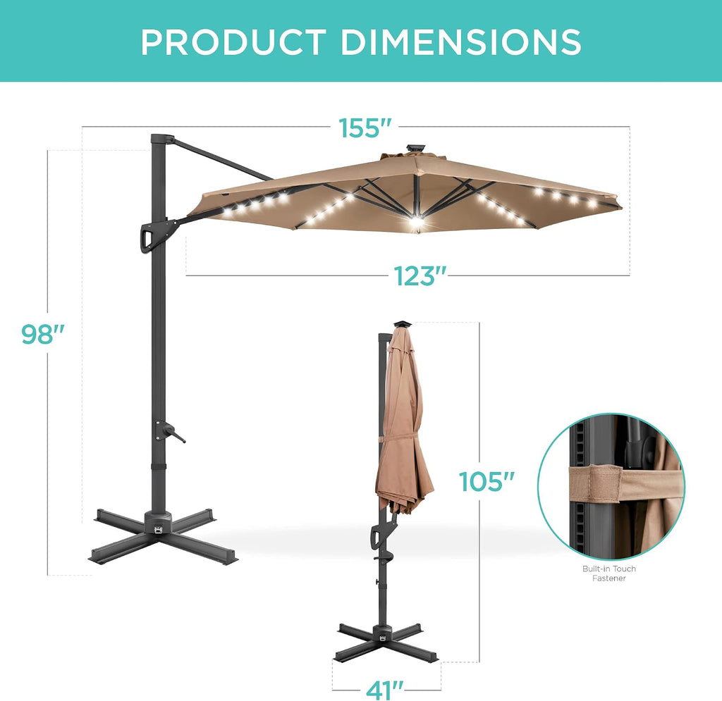 Best Choice Products 10ft Solar LED Cantilever Patio Umbrella, 360-Degree Rotation Hanging Offset Market Outdoor Sun Shade for Backyard, Deck, Poolside w/Lights, Easy Tilt, Cross Base - Tan