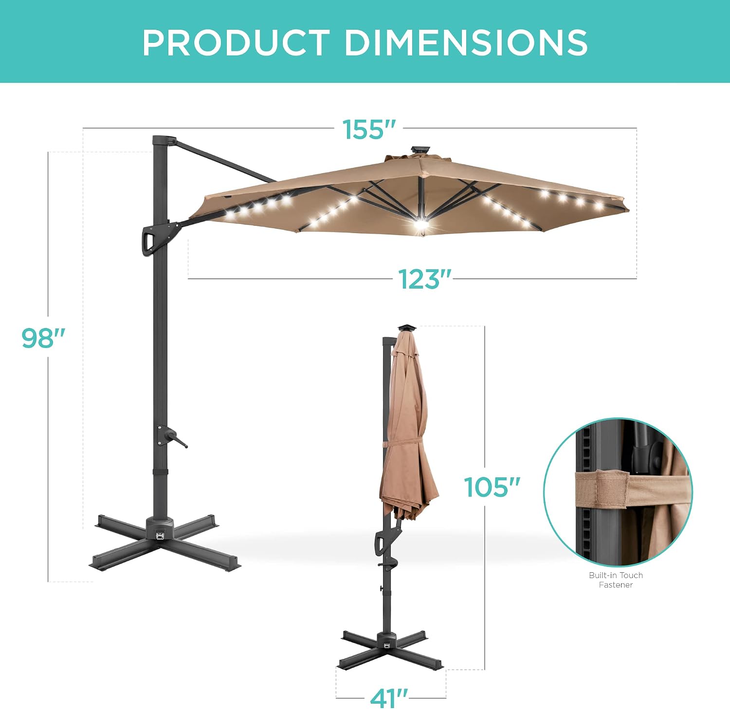 Best Choice Products 10ft Solar LED Cantilever Patio Umbrella, 360-Degree Rotation Hanging Offset Market Outdoor Sun Shade for Backyard, Deck, Poolside w/Lights, Easy Tilt, Cross Base - Tan