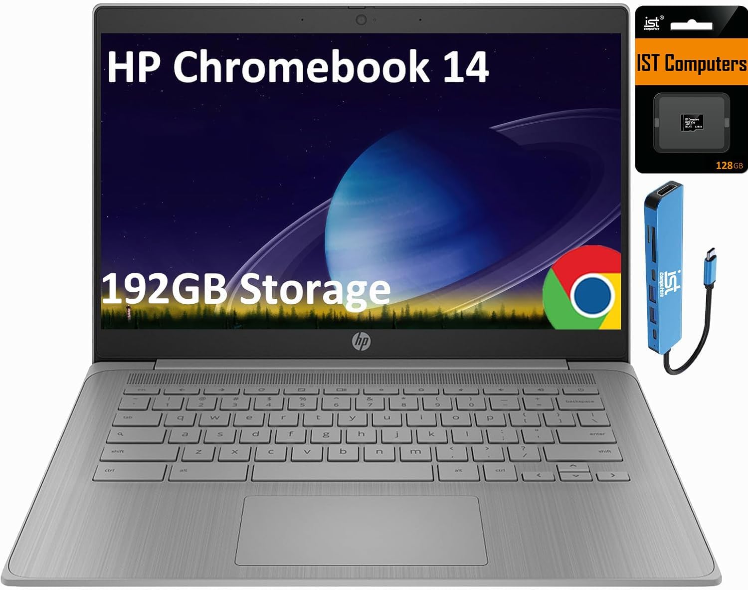 HP Chromebook 14 Laptop (14' Anti-Glare, Intel Celeron N4500, 4GB RAM, 192GB Storage (64GB + 128GB SD)) for Home & Student, Lightweight, Fast Charge, 10-Hr Battery Life, IST HUB, Wi-Fi 6, Chrome OS