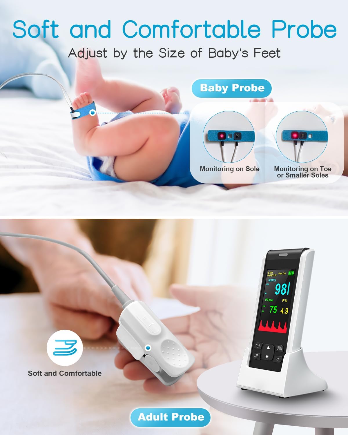 HOLFENRY Handheld Pulse Oximeter for Baby&Adult,Infant Pulse Oximeter Fingertip Rechargeable with Continuous Monitor&Alarm, Infant Oxygen Monitor Fingertip
