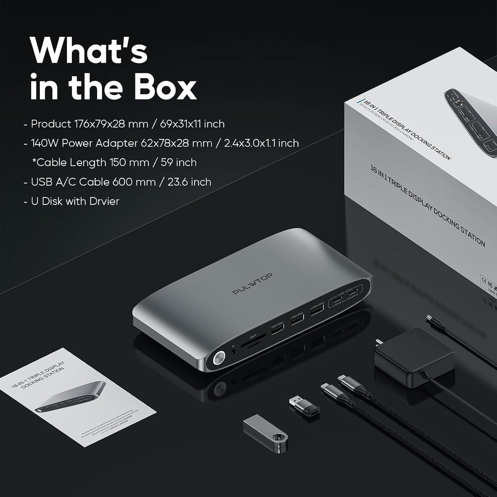 DisplayLink Docking Station Triple Monitor with 140W Power Adapter, PULWTOP 4K@60Hz Laptop Docking USB C Dock for MacBook M1/M2/M3, Windows, 3xHDMI, 2xDisplayPort,5xUSB C/USB A Data/Charging