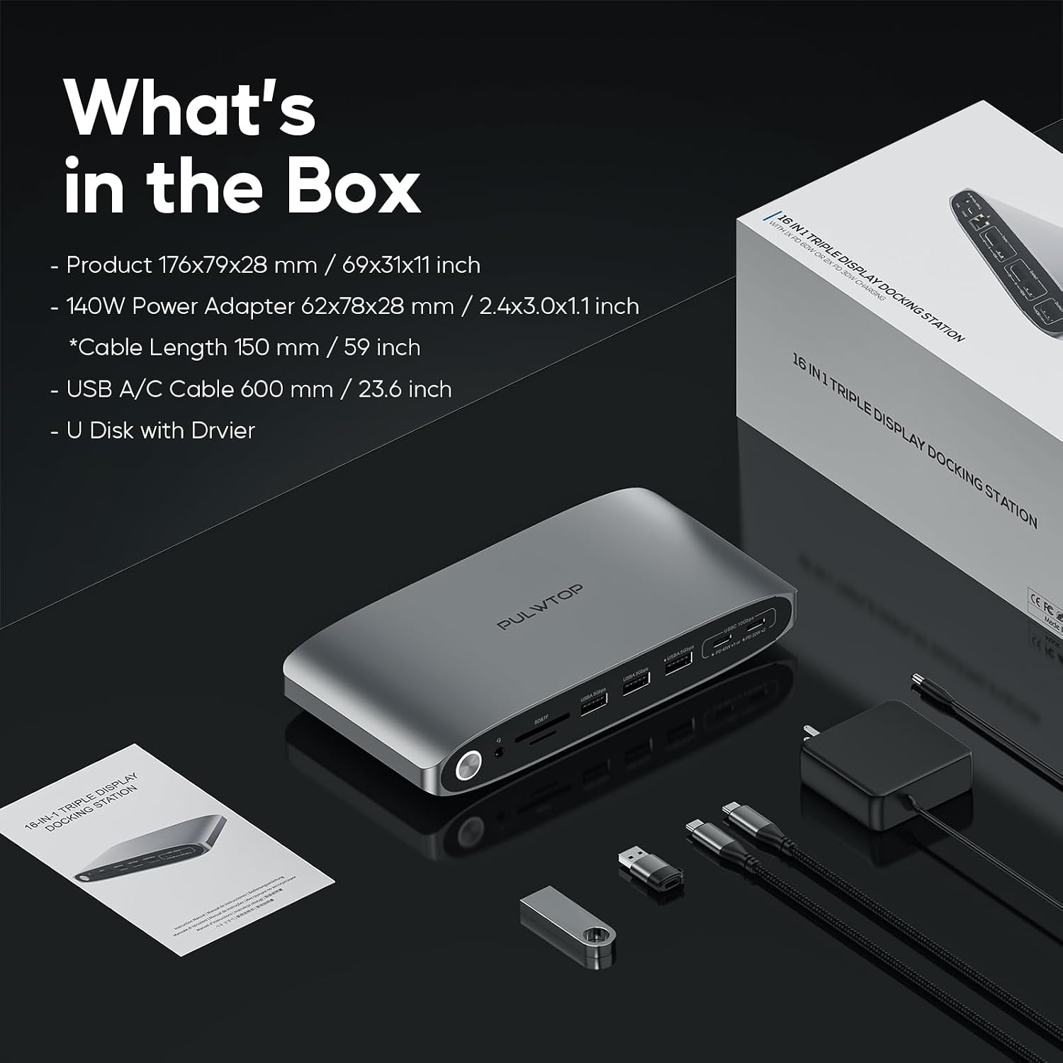 DisplayLink Docking Station Triple Monitor with 140W Power Adapter, PULWTOP 4K@60Hz Laptop Docking USB C Dock for MacBook M1/M2/M3, Windows, 3xHDMI, 2xDisplayPort,5xUSB C/USB A Data/Charging