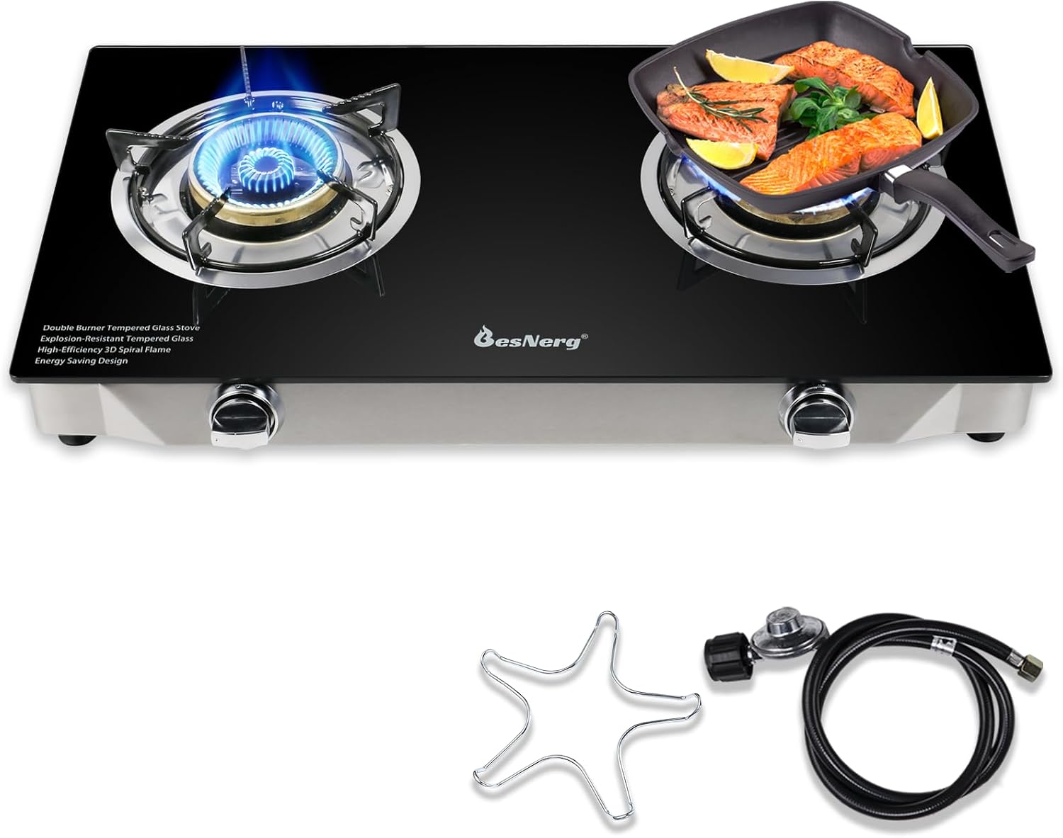 2 Burner Propane Gas Stove with Auto Ignition, 29000 BTU High-Efficiency Heavy-Duty Tempered Glass Cooktop, CSA Regulator & Hose Included, for Outdoor Camping Emergency