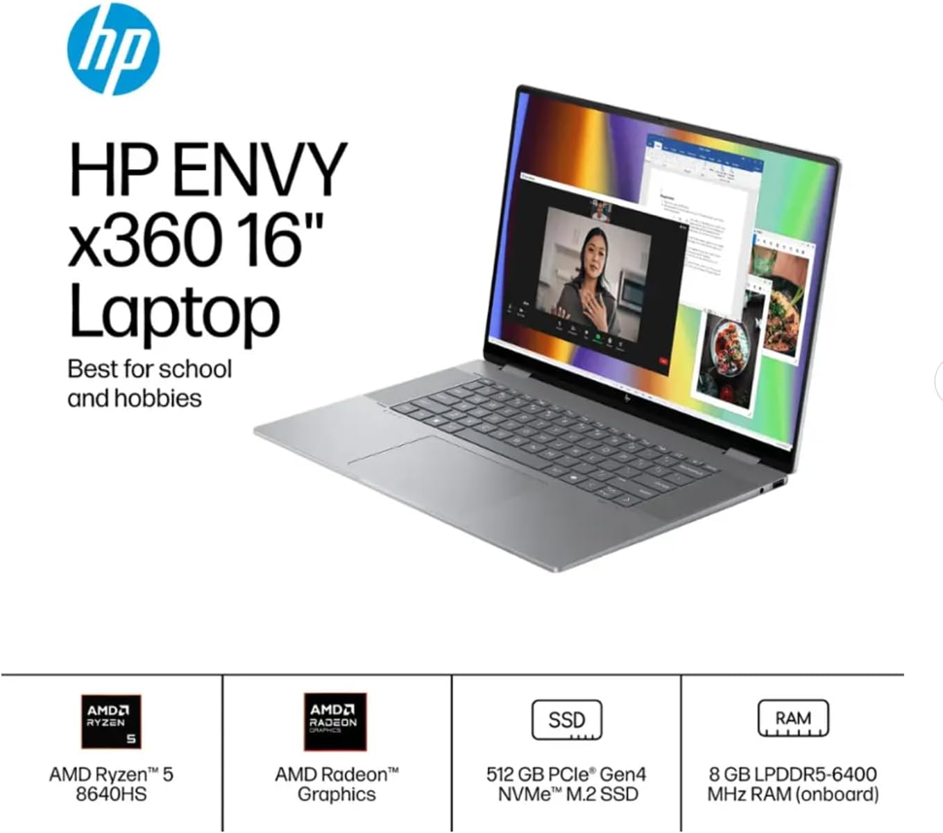 HP Envy x360 16' 2-in-1 Laptop, AMD Ryzen 5 8640HS AI Processor, FHD+ Touchscreen, Wi-Fi 6E, Windows 11 Pro, Fast Charge, Recycled Metal Design (2024), W/Stylus Pen (8GB RAM | 512GB PCIe SSD)