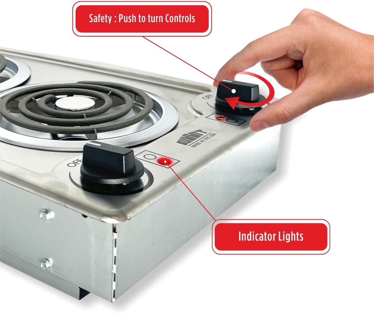 Summit 12' 2 Burner Electric Cooktop 230V Radiant Cooktop, Coil Elements, Made in the USA, Stainless Steel- CCE227SS