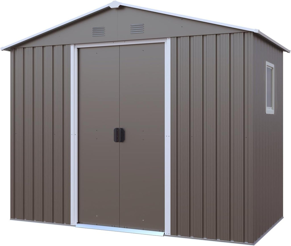 8 x 4 FT Outdoor Storage Shed, Metal Garden Shed with Floor Frame, Tool Shed Outdoor Storage with Lockable Sliding Doors & Window & Air Vents, Storage House Waterproof for Backyard, Lawn, Gray