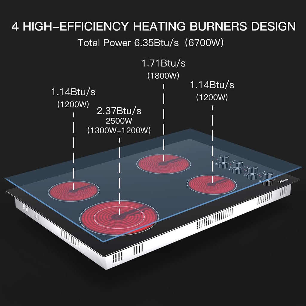 Electric Cooktop 30 Inch, IsEasy 4 Burner Built-In Glass Ceramic Stove Top With Knob Control, 11 Power Levels, Child Safety Lock, Timer, 6700W, 220V