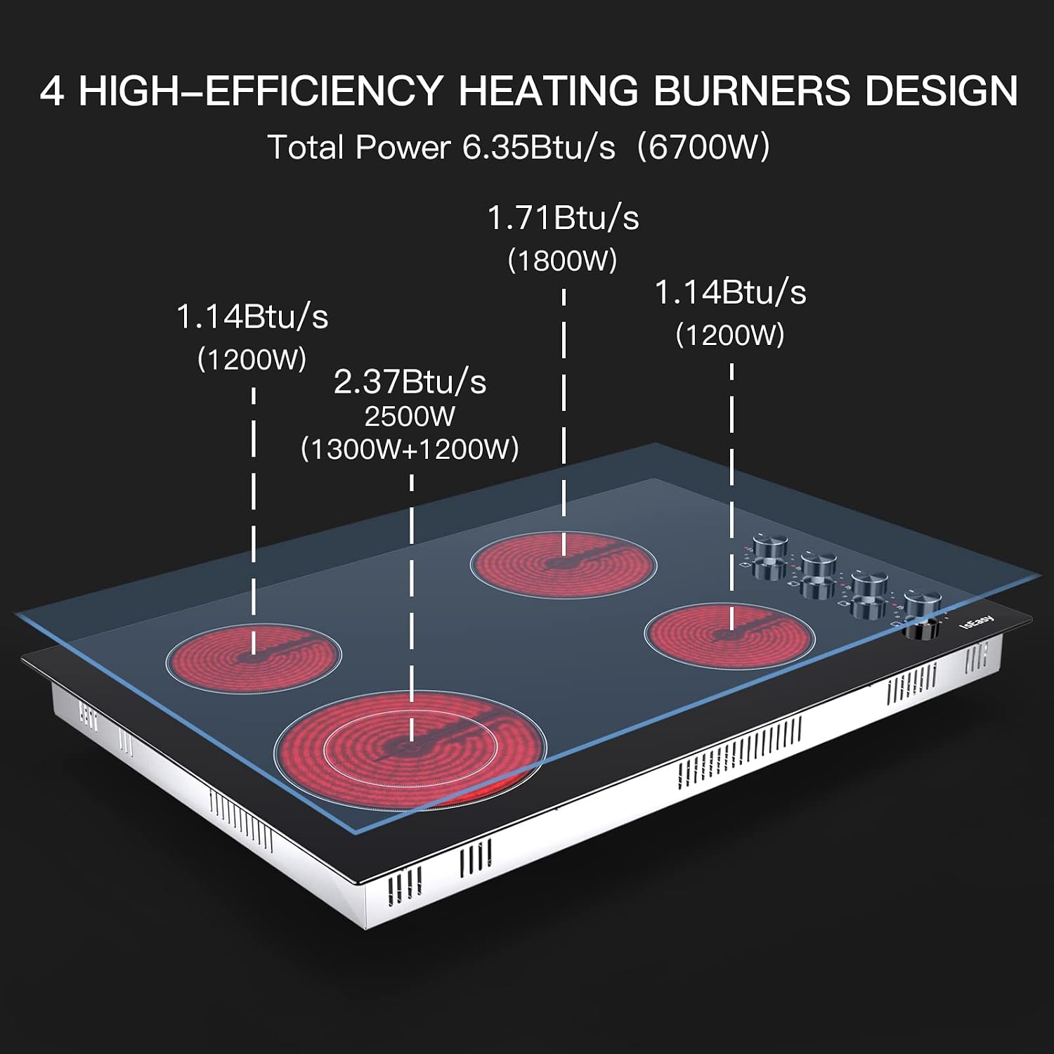 Electric Cooktop 30 Inch, IsEasy 4 Burner Built-In Glass Ceramic Stove Top With Knob Control, 11 Power Levels, Child Safety Lock, Timer, 6700W, 220V