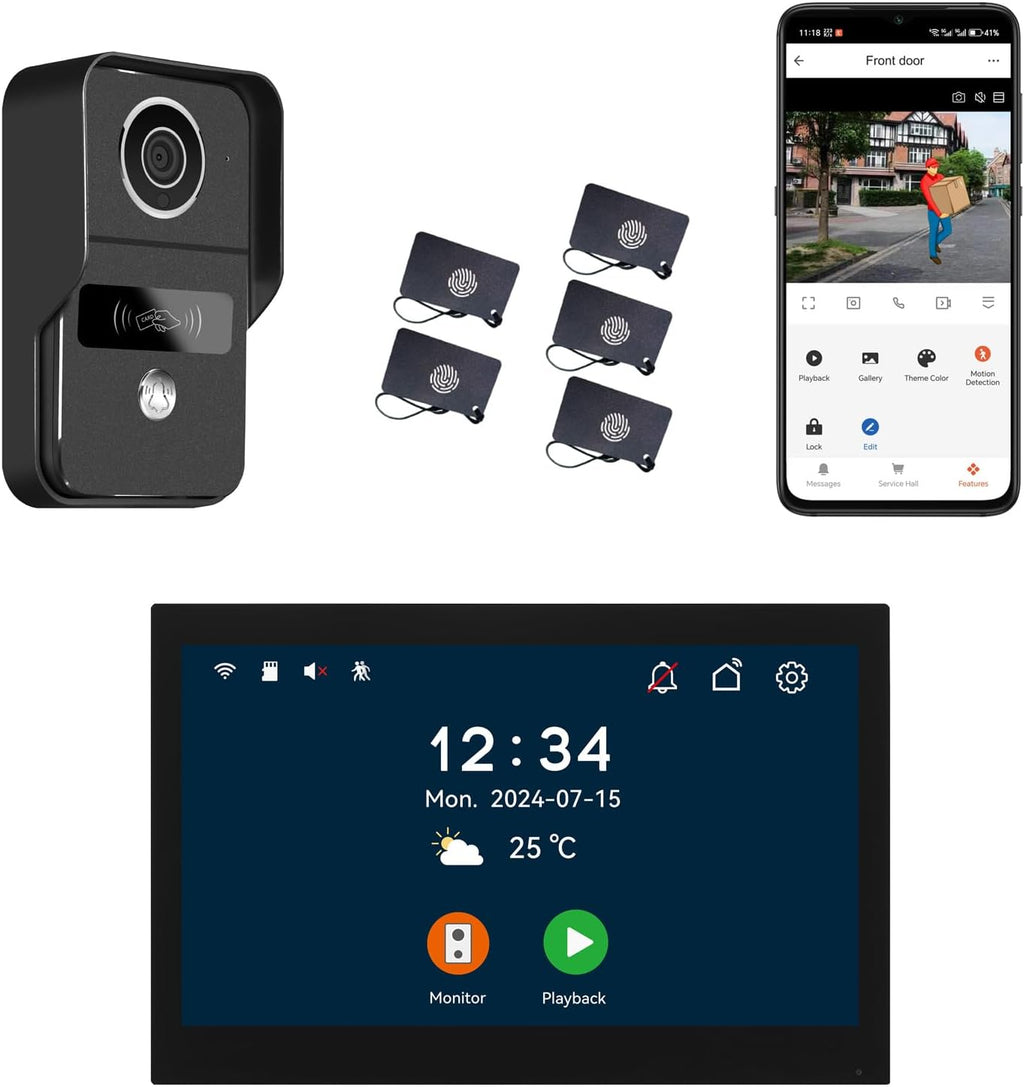 2pin-Wired 2MP HD Indoor 10' WiFi Monitor Smart Home Video Doorbell Intercom System, Remote APP Phone Unlock Video Record Motion Detect 2-Way Talk IR Camera Door Bell 1x doorbell + 1x 10in Monitor