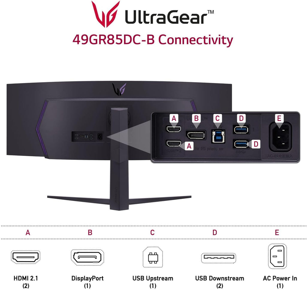 LG 49' Ultragear DQHD (5120x1440) Curved Gaming Monitor, 240Hz, 1ms, VESA DisplayHDR 1000, HDMI 2.1, DisplayPort, 4-Pole HP Out DTS HP:X, AMD FreeSync Premium Pro, Tilt/Swivel/Height Stand, Black