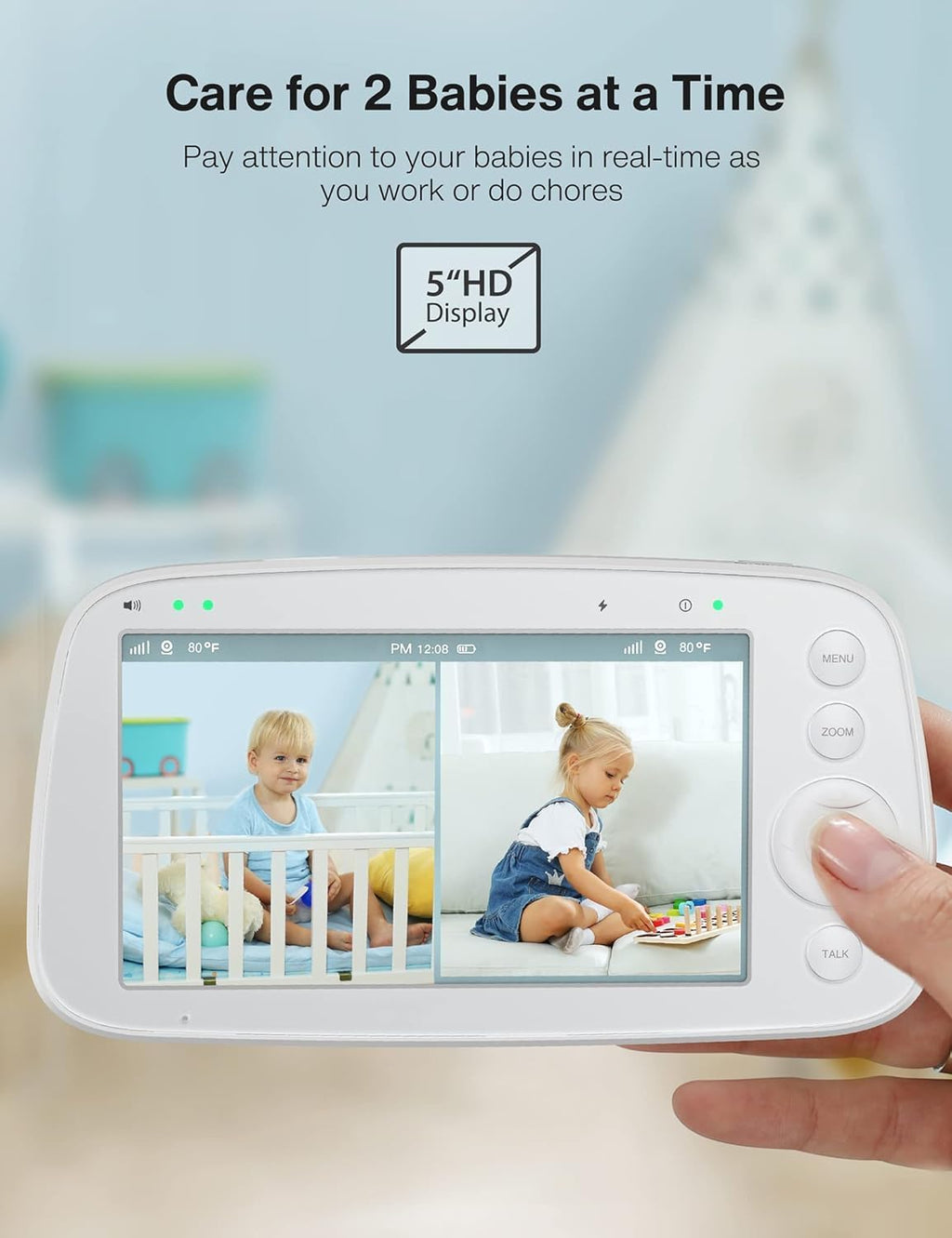 HiPP Video Baby Monitor Screen, 5' Parent Unit for VAVA, Single Split-Screen, Infrared Night Vision, 2X 4X Zoom, 900ft Long Range, 4500mAh Battery, 2-Way Audio Talk