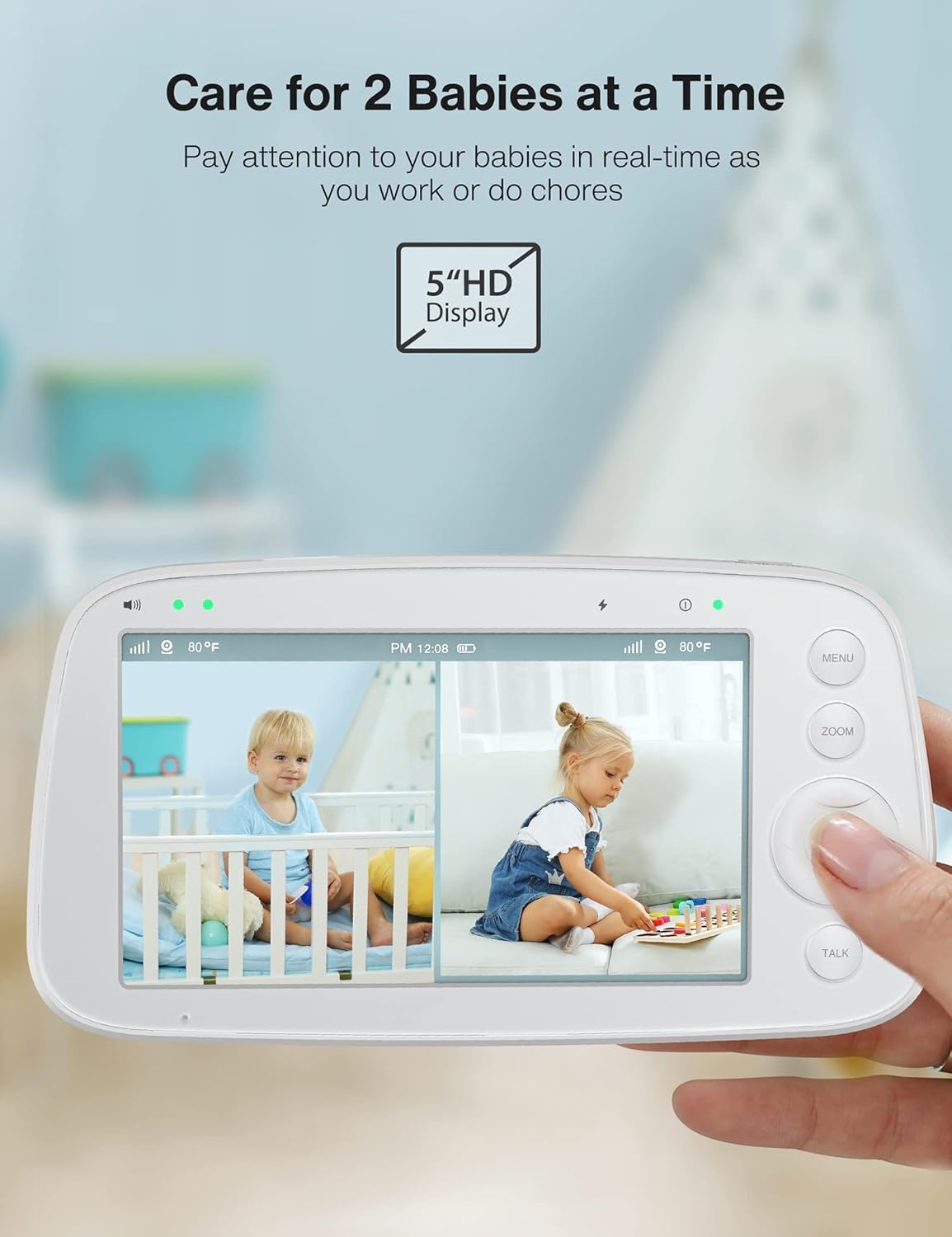 HiPP Video Baby Monitor Screen, 5' Parent Unit for VAVA, Single Split-Screen, Infrared Night Vision, 2X 4X Zoom, 900ft Long Range, 4500mAh Battery, 2-Way Audio Talk